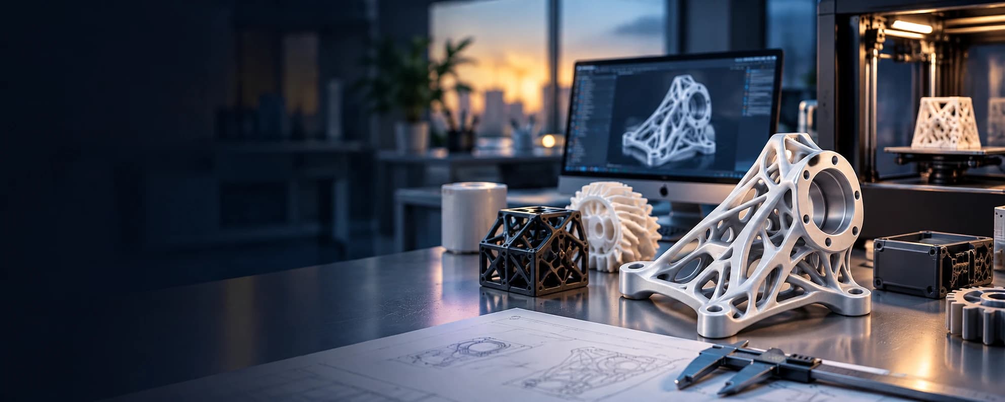 Printed lattice brackets, gears and prototypes on a workbench beside a 3D printer